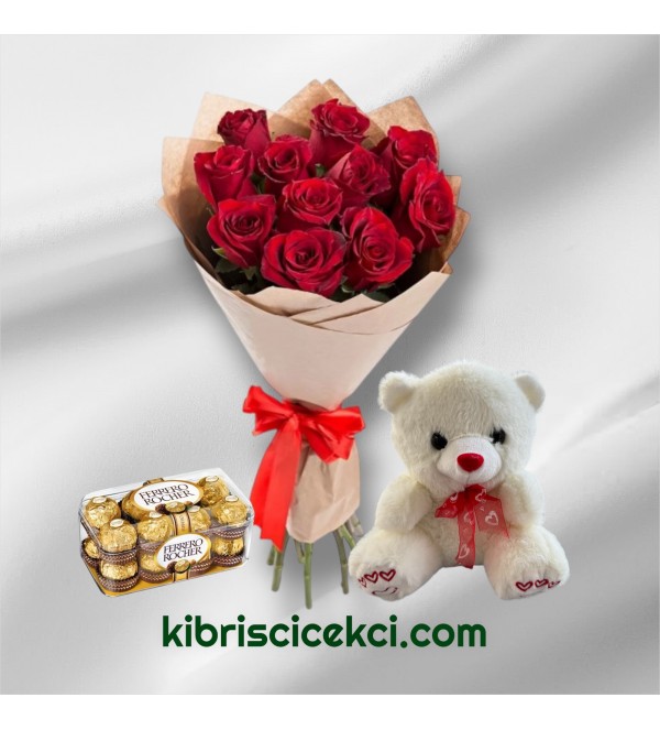 11 Kırmızı Gül Buketi 16'lı Ferrero Çikolata ve Ayıcık